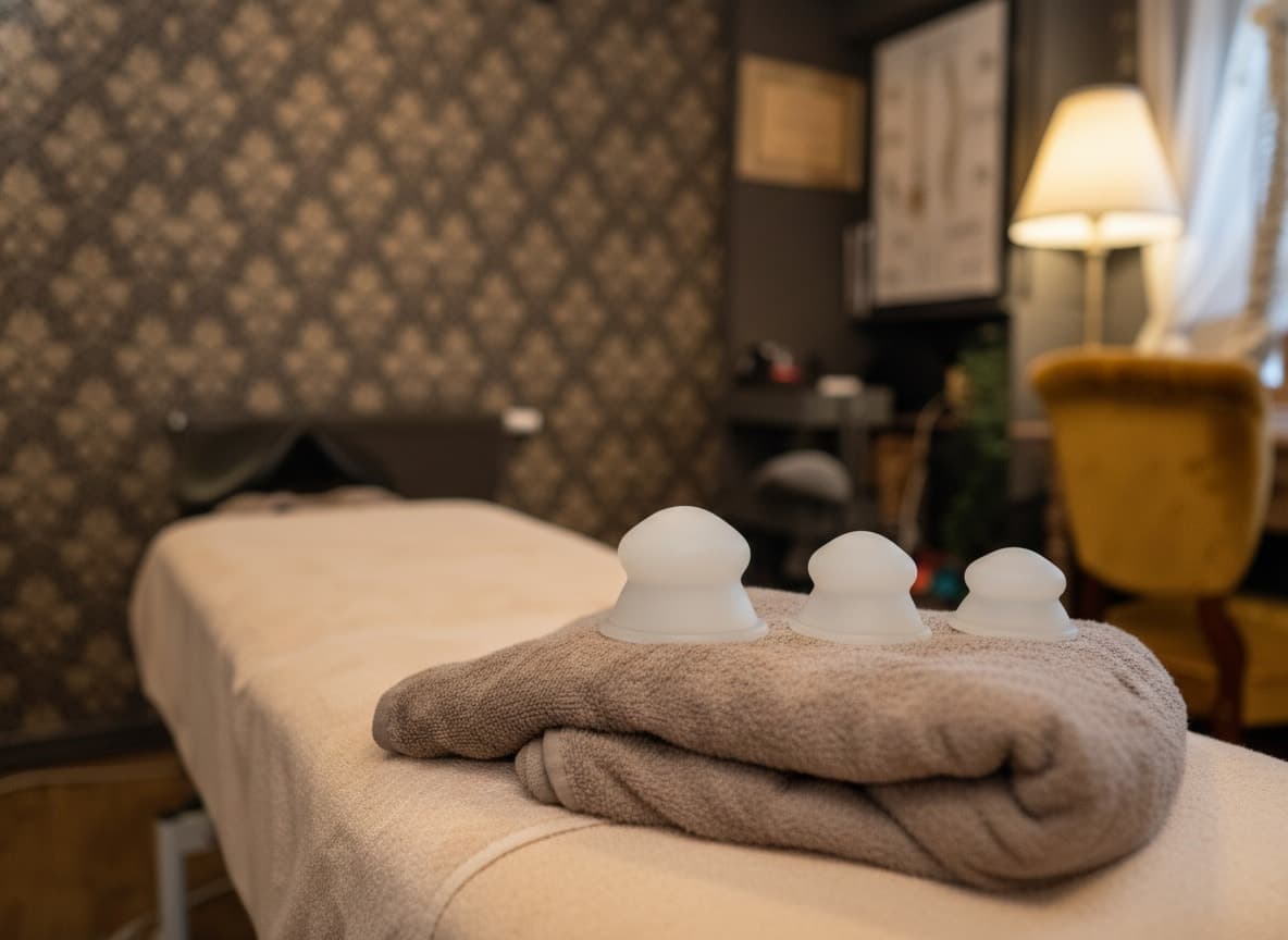 Koppor i glas uppradade på en handduk på massagebänken, golvlampan och den mönstrade tapeten bakom